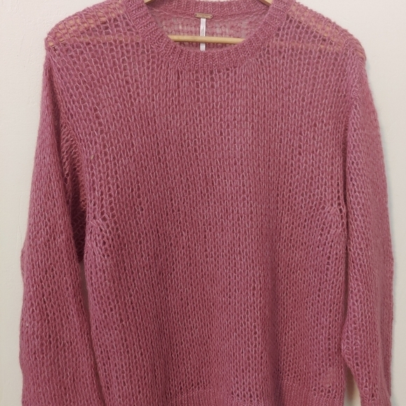Free People Alpaca Wool Fuzzy Crewneck Sweater Loose Knit Lightweight Boho Mauve - Picture 6 of 8